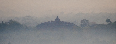 Sunrise at Setumbu Hill and Borobudur Temple, and Merapi Volcano
